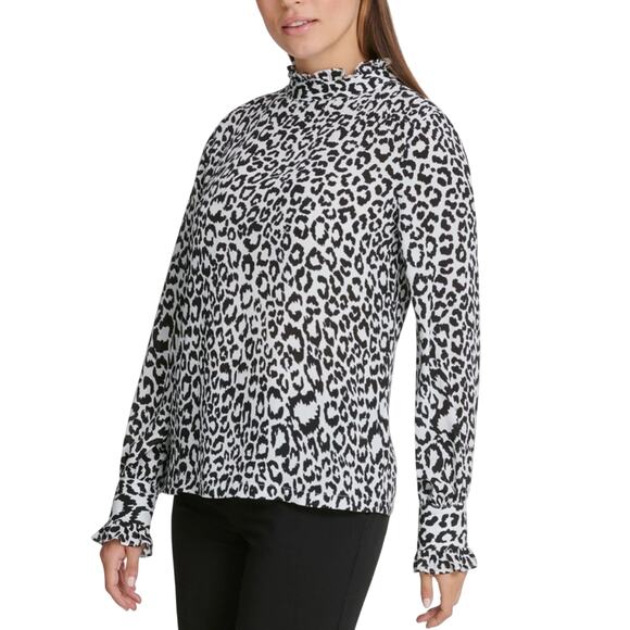 DKNY Animal Printed Ruffle-Neck Ling Sleeve Business Casual Boho Blouse Size XL - Picture 2 of 11